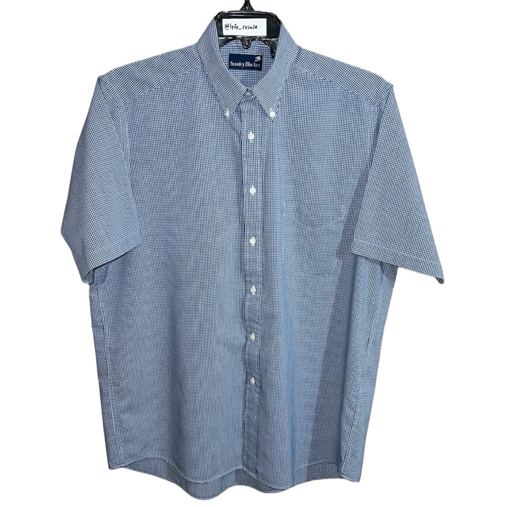 Stanley Blacker Dress Shirt Men’s Size 17 Blue White Button Front Short Sleeve